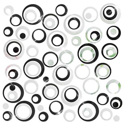 48Pcs Mirror Stickers, Acrylic Circle Wall Stickers Removable DIY Self-Adhesive Hollow Art Mural Wall Decals for Home Office Living Room Bedroom Bathroom Kitchen Decor(Silver, Black)