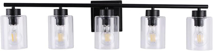 5 Light Bathroom Light Fixtures, 33.3 Inches Bathroom Lighting Fixtures Over Mirror, Black Vanity Light with Clear Glass Shades