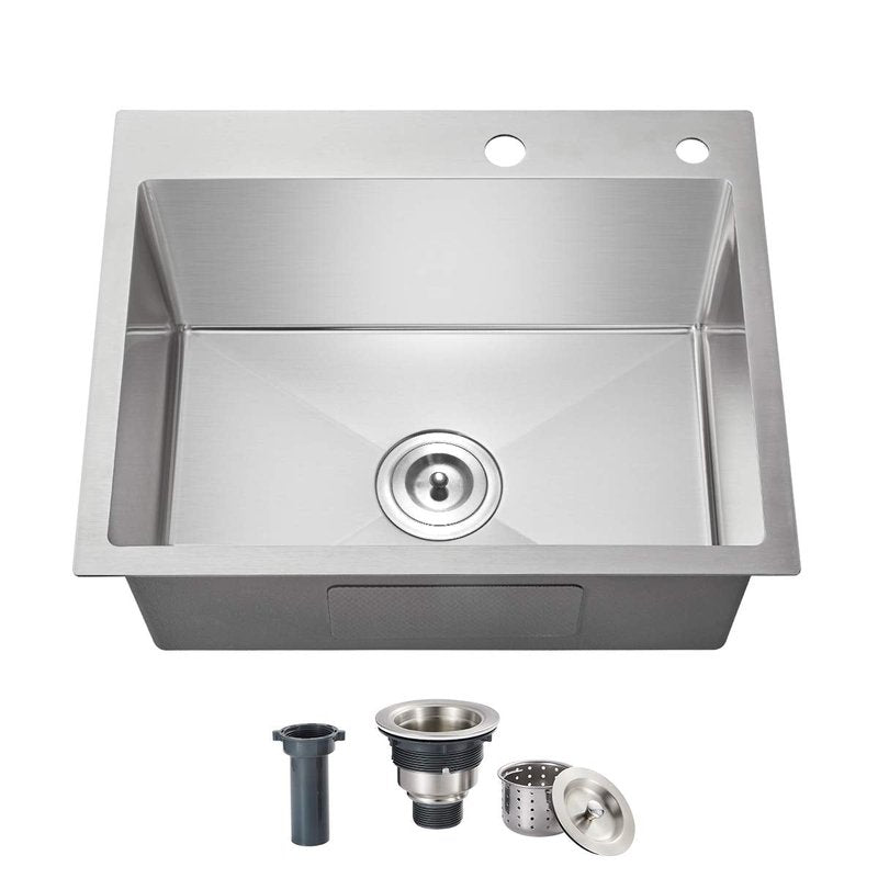 OUGOO 20x16x9 Inch Drop in Kitchen Sink, Handmade 304 Stainless Steel Single Bowl with 2 Holes, R10 Tight Radius, Topmount Installation, for Modern Kitchen/RV Sink, Brushed