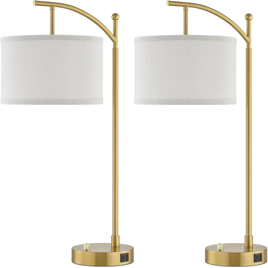 Table Lamp for Living Room Bedroom, 23.5" Table Lamps Set of 2 with USB C+A Ports, Bedside Lamps for Nightstand with Linen Lamp Shades, 2 Dimmable LED Bulbs Included, Gold