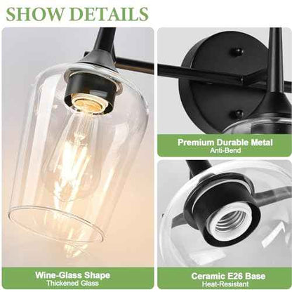 2025 Upgrade 3-Light Bathroom Light Fixtures, Black Vanity Lights for Bathroom with Clear Glass, 19.5 Inch Bathroom Lighting Fixtures Over Mirror, Modern Wall lamp for Cabinet Hallway