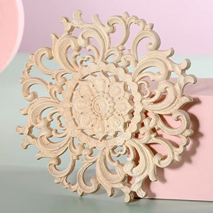 MUXSAM Wood Carved Appliques Decorative Onlays, Round Wood Carving Craft Decals for Door Wall Ceiling Cabinet Dresser Wardrobe Mantels Closet Doll Bed Retrofit Project(2-Pack, 10cm/3.9")