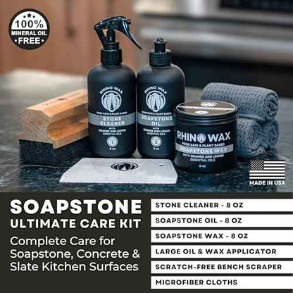 Soapstone Ultimate Care Kit - Soapstone Wax, Soap-Stone Oil, Stone Spray Cleaner, Scraper, Large Applicator, 3 Microfiber Cloths - Complete Protection for Stone Surfaces - Made in USA