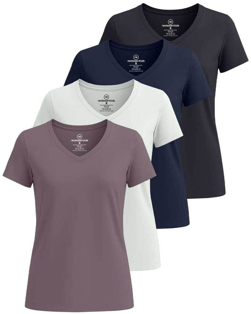 Real Essentials 4 Pack: Women's Classic-Fit Cotton Short-Sleeve V-Neck T-Shirt (Available in Plus Size)