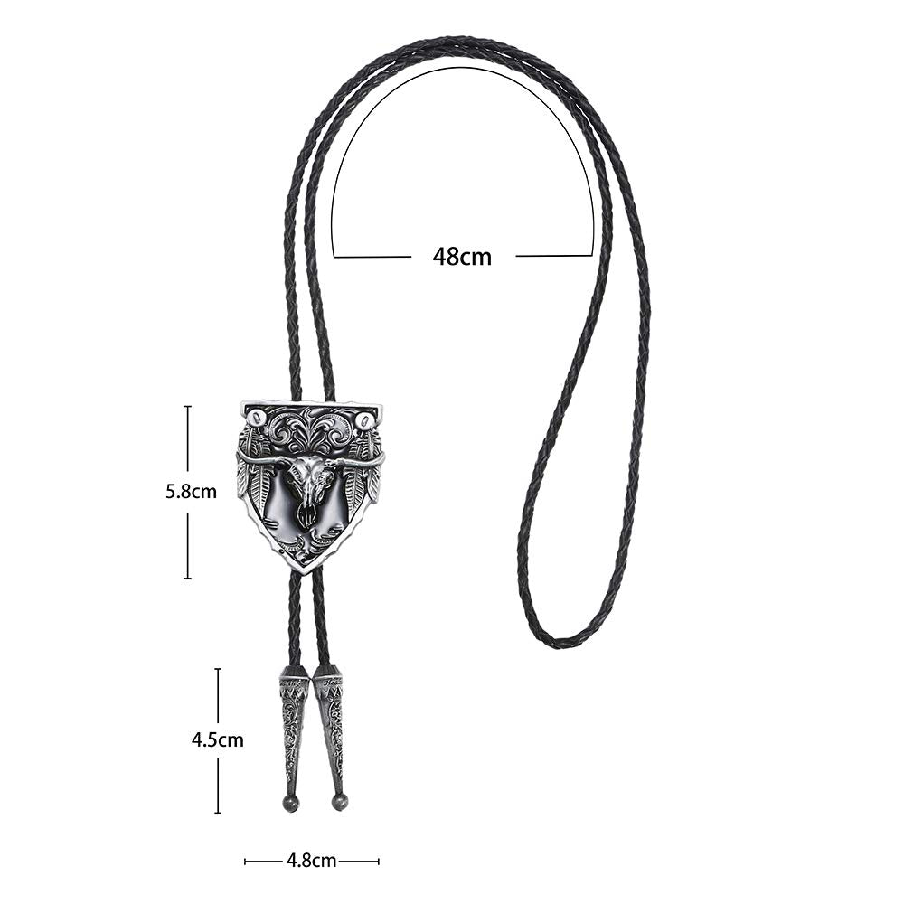 joymiao Leather Bolo Tie Vintage Adjustable Cowboy Neck with Round Silver Pendant Handmade Western Cow Skull Design Necktie
