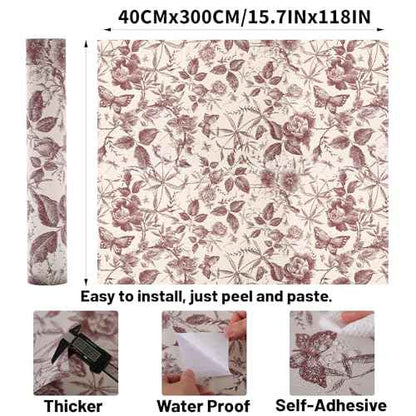 Peel and Stick Wallpaper Contact Paper for Cabinets Drawers Red Maroon Rose Butterfly Floral Vintage 15.7x118in Self Adhesive Wall Removable Desk Bedroom Moody Renter Friendly Modern Flower