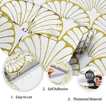 MelunMer Gold Peel and Stick Wallpaper Boho Gold Contact Paper for Cabinets Self Adhesive Removable Wallpaper for Bedroom/Bathroom Modern Contact Paper Leaf Ginkgo Biloba 78.8 in L 17.3In W