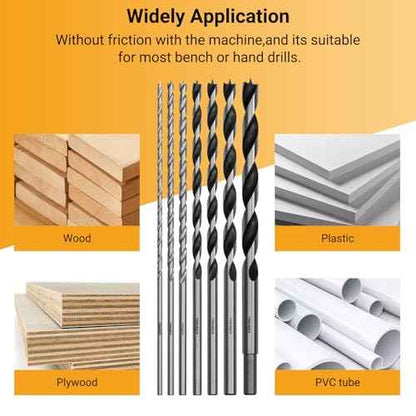 Extra Long 9.05" Brad Point Wood Drill Bit Set Metric - 7 Pack Carpenters Quality - Drill Splinter-Free Perfectly Round Holes in All Types of Wood (1/8",3/16",1/4", 5/16",3/8",7/16",1/2")