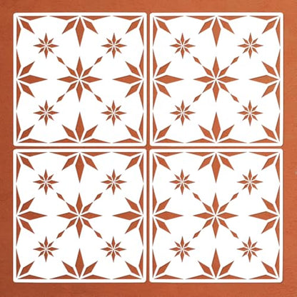 4 Pieces 8 x 8 Inches Wall Stencils Reusable Geometric Floor Tile Stencils for Painting Walls, Tiles, Floors, Concrete Patios, Front Porch, Wood, Furniture, Fabric - Snowflake Pattern