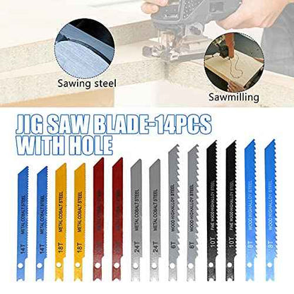 14PCS U-Shank Jigsaw Blades Jig Assortment for Wood Metal Plastic PVC Cutting Jig Saw Blade Set 6T, 8T, 10T, 14T, 18T, 24T, 32T
