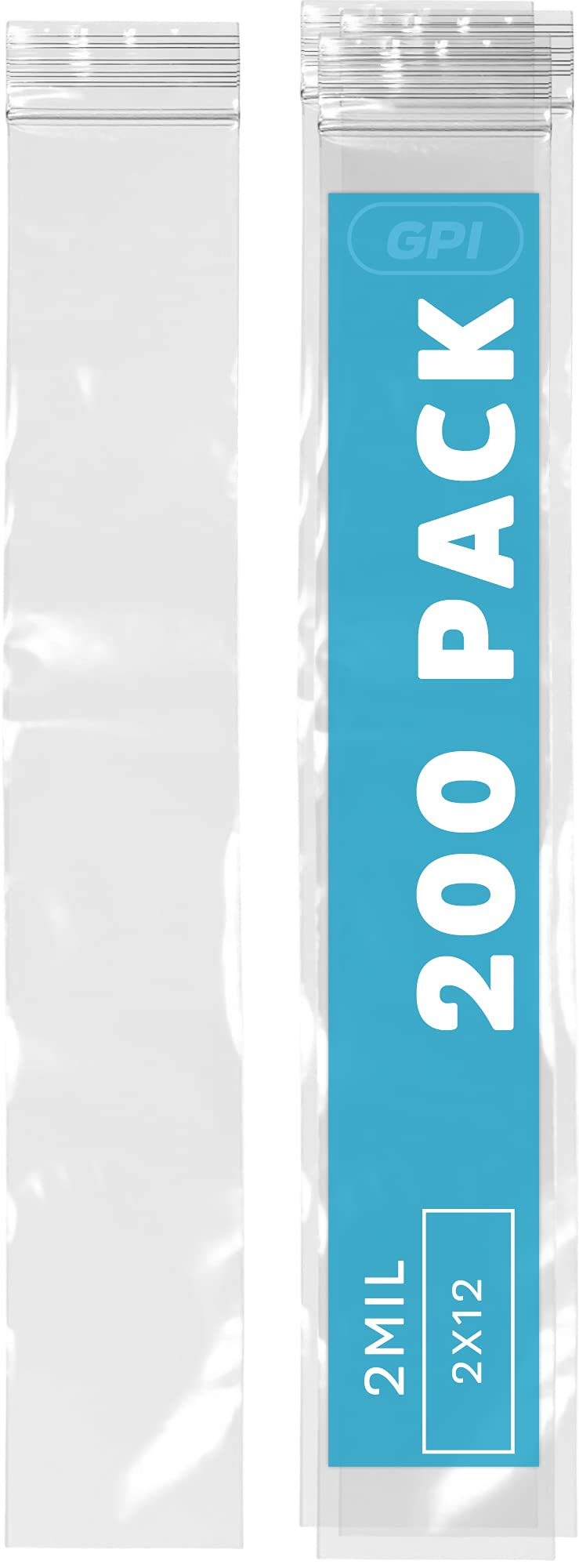 GPI - 2" x 12" Long Zip Bags, 200 Count, 2 Mil, Clear Plastic Reclosable Zipper Poly Baggies, with Resealable Zip Top Lock Seal, for Incense, Necklaces, Jewelry, Medical Supplies, Beads & Seeds