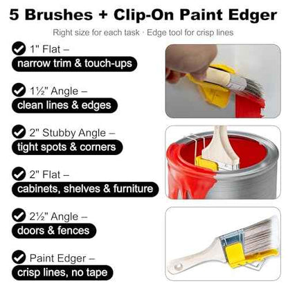 Paint Brush Set, 5-Piece Flat & Angled for Latex & Oil ? 1¡È Flat, 1¨ö¡È Angle, 2¡È Stubby Angle, 2¡È Flat, 2¨ö¡È Angle ? with Clip-On Paint Edger for Crisp Lines ? Walls, Trim, Cabinets, Doors, Fences