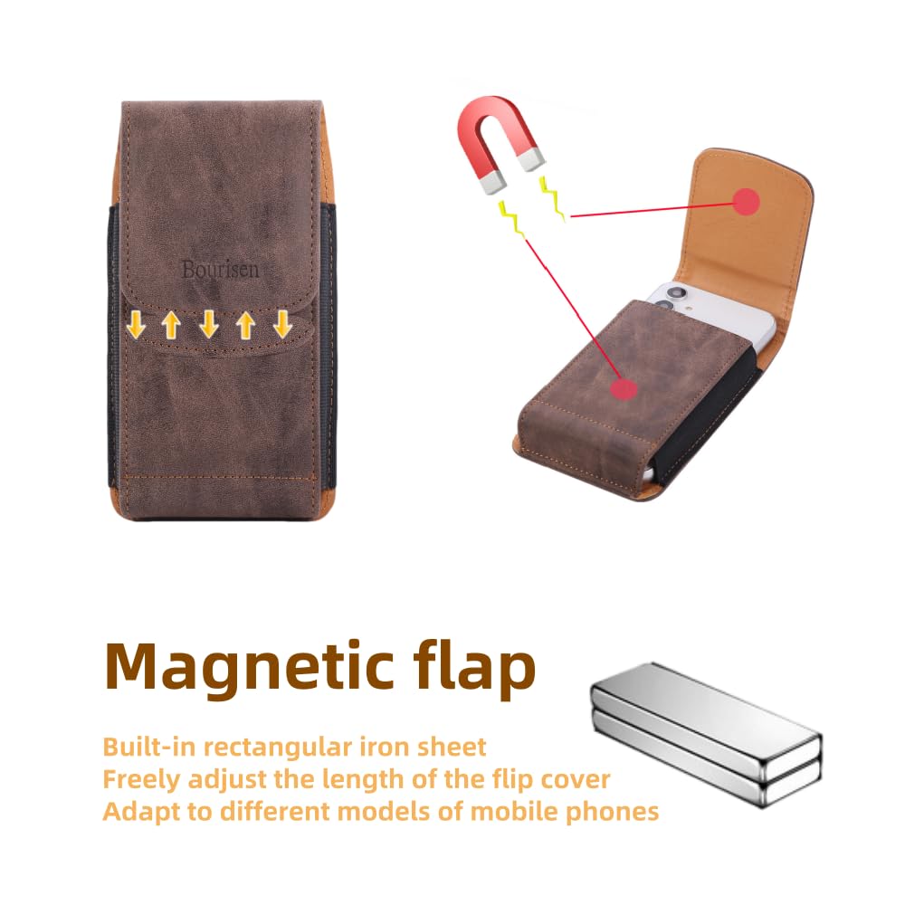 Bourisen Universal Phone Holster Phone Pouch Case Belt Clip Belt Loops Card Slot Faux Leather for Man iPhone 17/16/15pro max,16/15Plus,Samsung S25 24 S23 S22 Ultra (Brown&Yellow, XL(6.6"x3.4"x0.8"))
