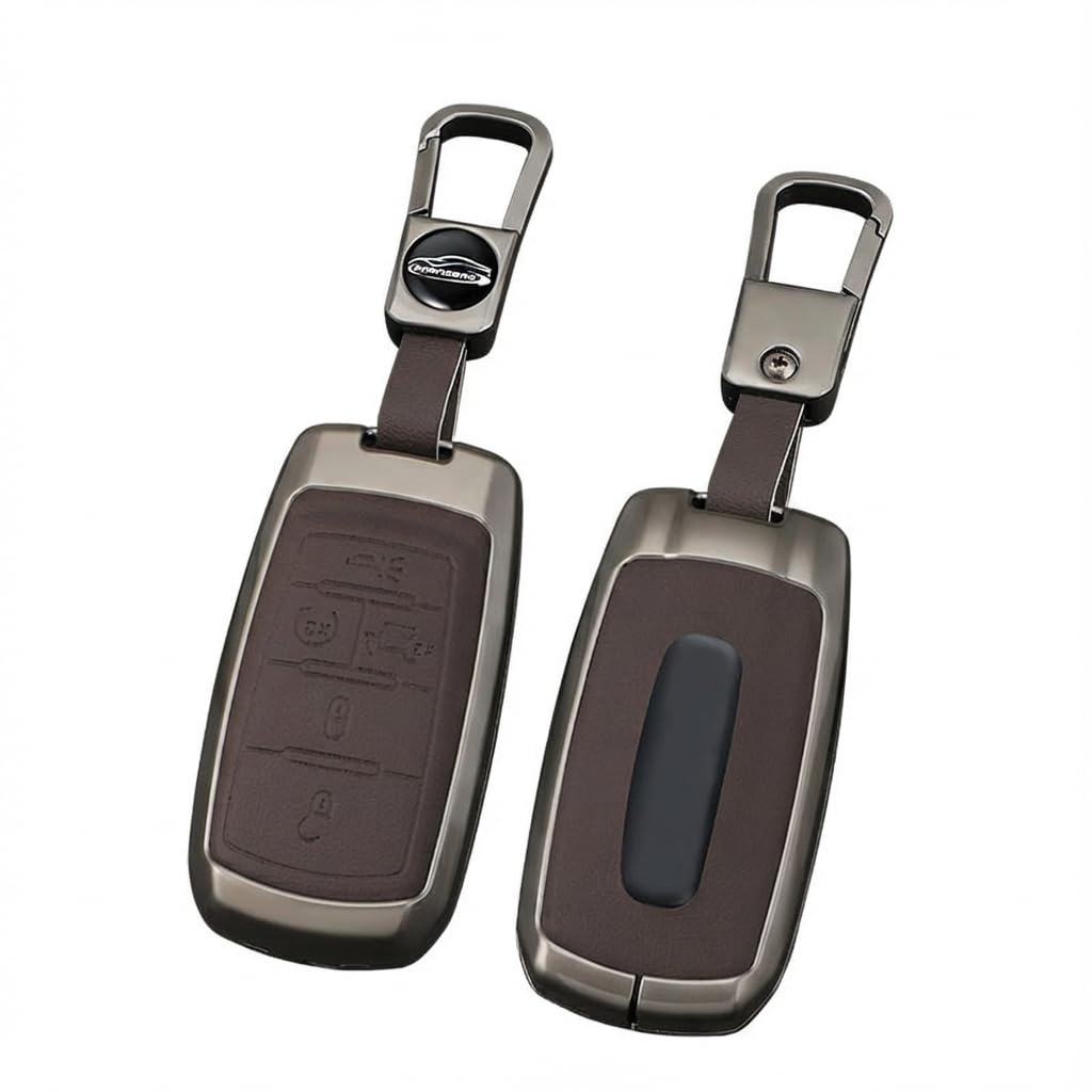 Zinc Alloy Car Key Fob Cover Compatible with 2019-2025 RAM 1500 2500 3500, Metal & Leather Remote Key Case Protector, Full Coverage Hard Shell Holder with Keychain Accessories (B-5-btns-Brown)