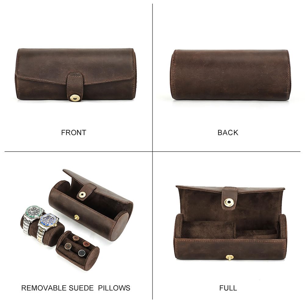 CONTACTS Full Grain Leather Watch Case Cufflink Box with Pad Tie Case Travel Multifunction Jewelry Accessories Organizer Storage Roll