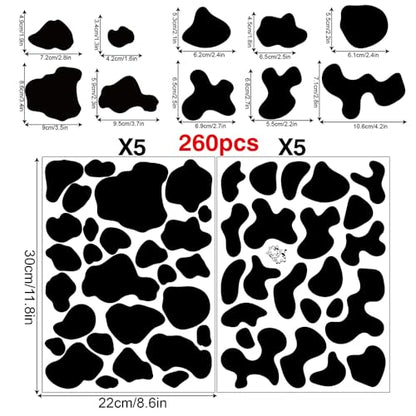 260 Pcs Self-Adhesive Black Cow Print Wall Stickers - 10 Sheets Removable Waterproof Vinyl Wall Decals for Kids Room, Nursery, Playroom, Home, Office, Studio Decor (Black)