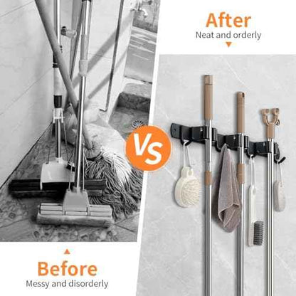 2 Pack Broom Hanger and Mop Holder, Heavy Duty Garden Tool Organizer Rack Rake and Shovel Handle, Stainless Steel Wall Mounted Utility Rack with Screws (5 Racks with 4 Hooks, Matte Black).