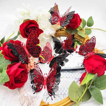 3D Red Butterfly Wall Stickers 6pcs Removable Valentine's Red Rose Butterfly Stickers Wall Decal Butterfly Wall Decals for Home and Room Decoration Wedding Bedroom Decor Living Room Sticker