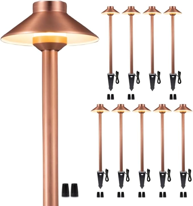 Gardenreet LED Copper Brass Landscape Lights(Hat) Waterproof Outdoor 12V Low Voltage Path Lights for Sideway Garden with Ground Stake Without G4 Bulb(10 Pack)