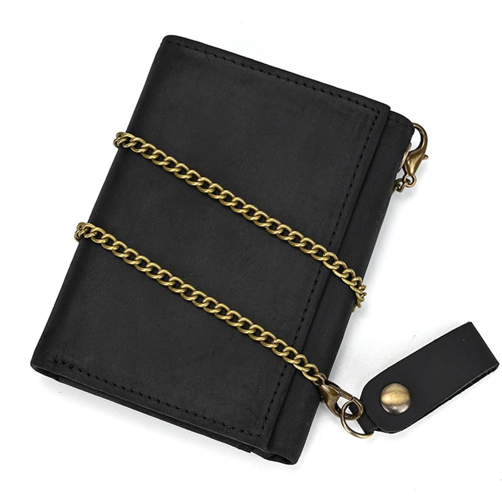 PINKPIN Mens Wallets with Chains, Genuine Leather Trifold Wallet RFID Blocking Anti-Theft Chain for Biker, Motorcycle (Black)