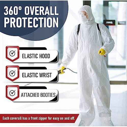 Hazmat Suits Disposable | 5 Pack, Large | Protective Coveralls with Attached Hood and Boots | Heavy Duty Full Body Painters Suit for Adults - Breathable & Water Resistant | Large