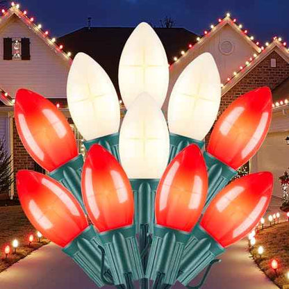 C9 LED Christmas Lights Outdoor, 50 FT 50 Red and Warm White Connectable C9 String Lights for Christmas Tree Patio Roofline Garden Backyard Holiday Party Indoor Outdoor Decoration, Green Wire