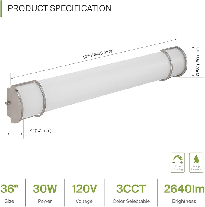 ASD LED 36" Vanity Flush Mount Light Fixture, Linear Bathroom Lighting Bar | 3CCT, Dimmable, Energy Star, ETL Listed | 30W 2650LM 3000-5000K 120V | Long Bath Wall Sconce Over Mirror | Nickel, 2 Pack