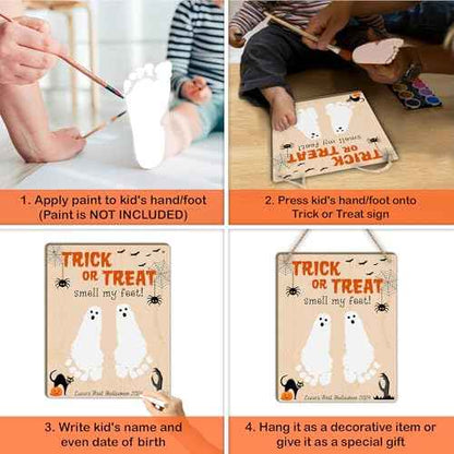 Baby's First Halloween Footprint DIY Wooden Hanging Sign, Baby's 1st Halloween Art Craft Gifts, My First Holiday Milestone Signs, Trick or Treat Smell My Feet Halloween Decor Sign (Nature)