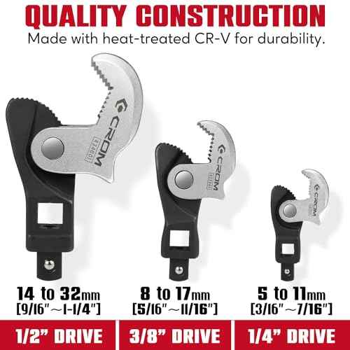CROM Adjustable Crowfoot Wrench Set - Spring Loaded Wrench ? Male & Female Square Drives Work With Ratchet, Breaker Bar, Extension Bar (3 Piece Set (1/4", 3/8", 1/2"))