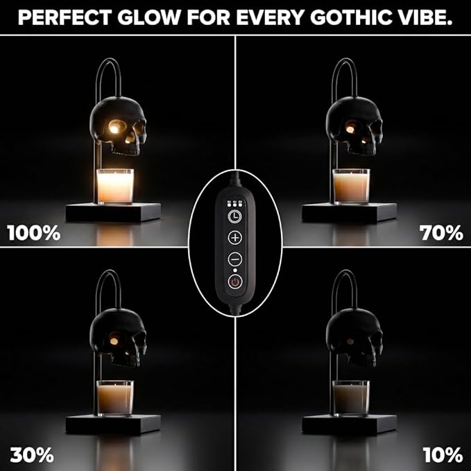 Skull Candle Warmer Lamp with Timer and Dimmer *Candles NOT Included – Black Gothic Candle Lamp Warmer w/Adjustable Height, 2 Light Bulbs – Skull Decor, Goth Gothic Decor Spooky Home & Witchy Gifts