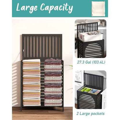 Black Laundry Hamper, Laundry Hamper with Lid, 27.3 Gallon (103L) Bamboo Wood Clothes Laundry Basket with Lid and Handles, Removable Liner
