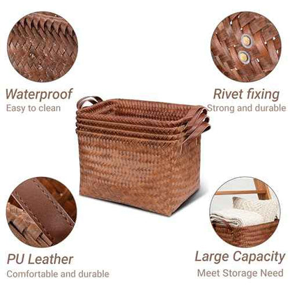 15L Laundry Baskets Waterproof Storage Baskets For Shelves Large Laundry Hamper With Leather Handle -set of 4 Cube Organizers Woven Bins for Bathroom,Bedroom,Pantry,Clothes,Car & Towels-Brown