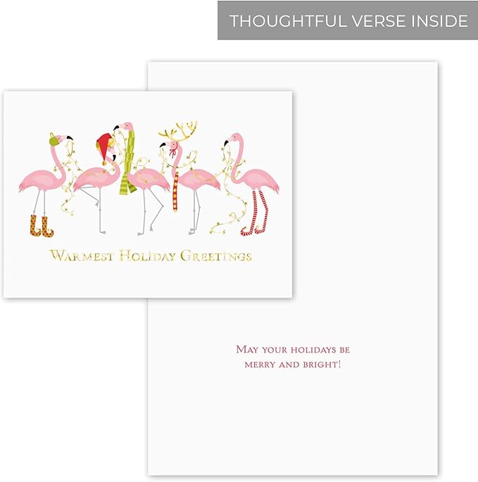 Canopy Street Masterpiece Fashion Flamingos Christmas Cards / 16 Holiday Card Set With Gold Foil And White Envelopes / 5 5/8" x 7 7/8" Winter Greeting Cards With Inside Verse/Made In The USA