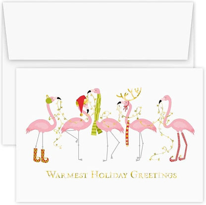Canopy Street Masterpiece Fashion Flamingos Christmas Cards / 16 Holiday Card Set With Gold Foil And White Envelopes / 5 5/8" x 7 7/8" Winter Greeting Cards With Inside Verse/Made In The USA