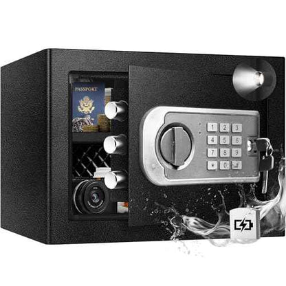 Small Safe Box for Home - 1.0 CuFt Mountable Cabinet with Motion Light & Dual Alarm, Digital Keypad & Override Key, Removable Shelf - Compact Black Safe for Cash, Jewelry, and Documents