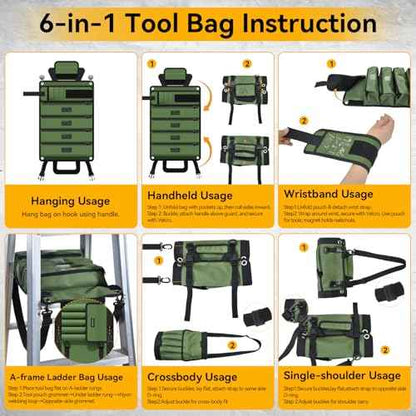 Roll Up Tool Bag Organizer 10 Pocket Tool Roll Heavy Duty Electrician Tool Bag for Men Dad Handyman Magnetic Wristband Mechanic Tool Storage Bag Rollup Pouch Car Tool Carrier Plumber Gadget Bag Green