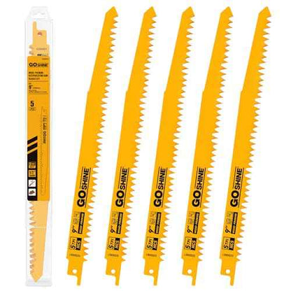 Goshine 9 Inch 5 TPI Wood Pruning Reciprocating Saw Blades, 5 Pack, Next-Gen High Carbon Steel Dual-Angle Teeth Sawzall Blades for Faster Cutting, Durable & Long-Lasting for Wood and PVC
