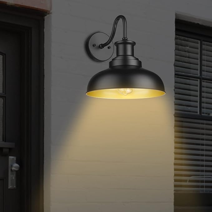 Dusk to Dawn Outdoor Gooseneck Barn Lights Outdoor Wall Sconces Farmhouse Exterior Wall Mount Light Vintage Outside Lighting Fixture Industrial Black Lanterns for Porch Garage Shed Patio, 2 Pack