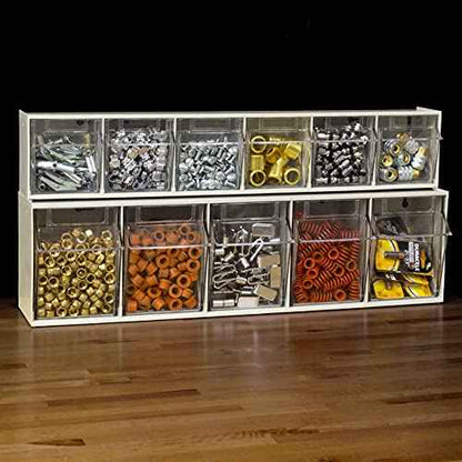 Akro-Mils TiltView Plastic Storage Cabinet with 6 Tilt Out Bins, Horizontal Plastic Parts Organizer, Teacher Toolbox, and Office Supply Organizer, 23-5/8" W x 3-1/2" H x 3-3/4" D, Stone
