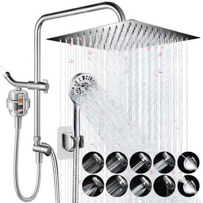 AMORIX Shower Head 12" Rain Shower Heads with Handheld Spray Adjustable Extension Arm with Low Diverter, Filtered Rainfall Shower Head High Pressure 10 Setting Hand Held Built-in Power Wash + 79" Hose