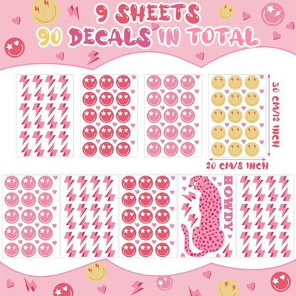 Kisston 9 Sheets Preppy Pink Wall Decal Hot Aesthetic Howdy Smile Face Lightning Vinyl Wall Decals Pink Cheetah Murals Decal for College Students Girls Dorm Bedroom Living Room Nursery Decoration