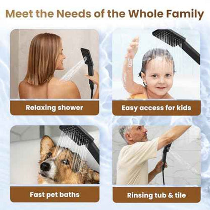 BRIGHT SHOWERS Rain Shower Head with Handheld Spray, High Pressure Square Showerhead Combo with Rainfall & Handheld, Detachable Dual Shower with Anti-Clog Nozzles, 60" Hose, Matte Black