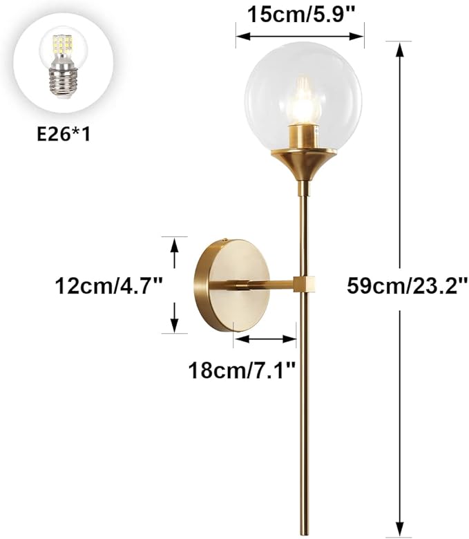 BOKT Clear Bubble Glass Globe Wall Mounted Sconce Light Set of 2 Modern Brass Gold Long Pole Wall Sconce Lighting Set of Two Mid Century Vintage Bathroom Mirror Wall Lamp (Clear)