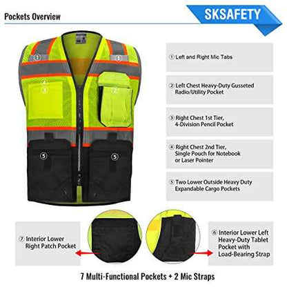 SKSAFETY 10 Pockets Professional level Safety Vest, Class 2 High Visibility Security Vest with Zipper, Hi Vis Vest with Reflective Strips, ANSI/ISEA Standard, Construction Work Vest£¨Lime Black, 3XL£©