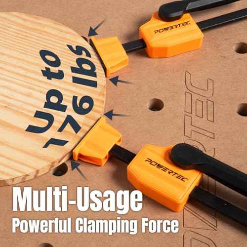 POWERTEC 72240 Bench Dog Clamps w/Bench Dogs for 3/4" Dog Holes | 2PCs Quick Clamp and Release Wood Clamps with 176lbs Clamping Force, 8PCs Durable Bench Dogs with Grommet Bench Brake Inserts