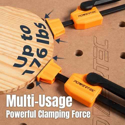 POWERTEC 72240 Bench Dog Clamps w/Bench Dogs for 3/4" Dog Holes | 2PCs Quick Clamp and Release Wood Clamps with 176lbs Clamping Force, 8PCs Durable Bench Dogs with Grommet Bench Brake Inserts