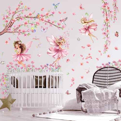 Pink Fairy Garden Wall Decals with Cherry Blossom Tree Floral Wall Stickers Peel and Stick Butterflies Birds DIY Wall Art for Girls Bedroom Baby Nursery Kids Room