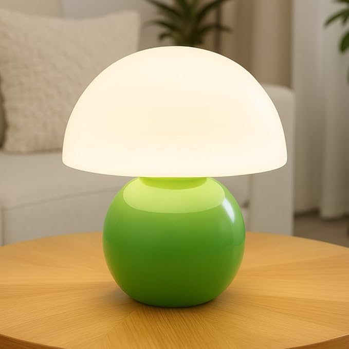 Small Mushroom Lamp,USB-Plug in Bedside Table Lamps with 3-Temperature LED Bulb Dimmable,Unique Cute Aesthetic Home Decor for Living Room,Bedroom, Modern Ceramic Base Glass Lamp(Green)