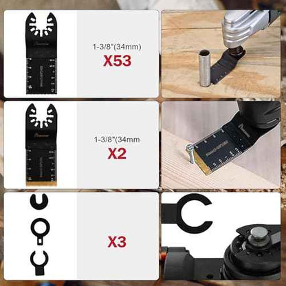 MAZING 58 PCS Oscillating Saw Blades, Quick Release Titanium Multi Tool Blades Kits for Wood Metal Plastic, Universal Oscillating Tool Blade Kits for Dewalt Ryobi Milwaukee Rockwell Fein Makita