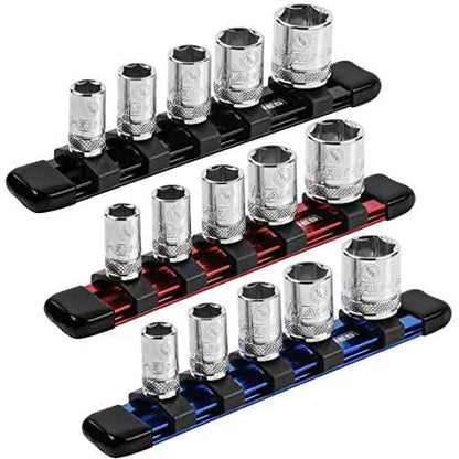 ARES 60064-3-Piece 1/4-Inch Drive 6-Inch Aluminum Socket Rail Set - Includes Red, Blue, and Black Rails - Each Aluminum Rail Stores up to 5 Sockets
